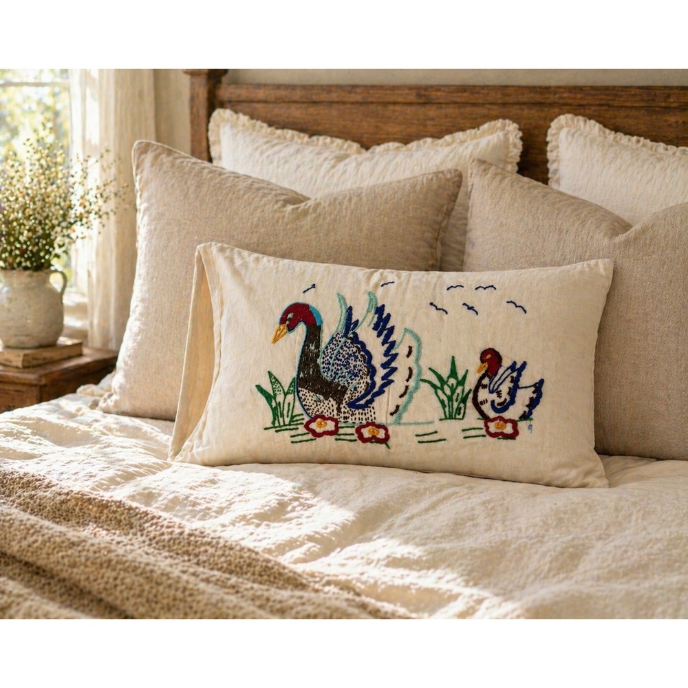 Handmade Embroidered Swan Pillow Sham Cottagecore Cotton Cover 22x16